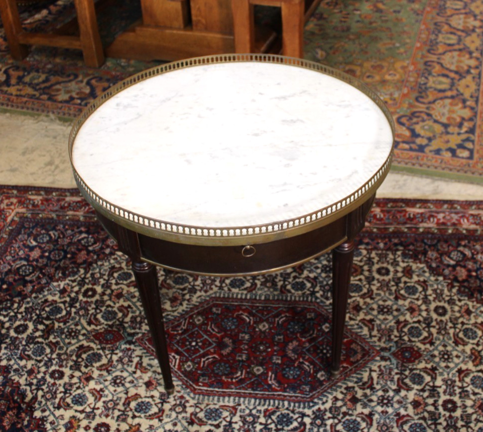 Antique  French Louis XVI Mahogany Marble Top Bouillotte Round Side Table
