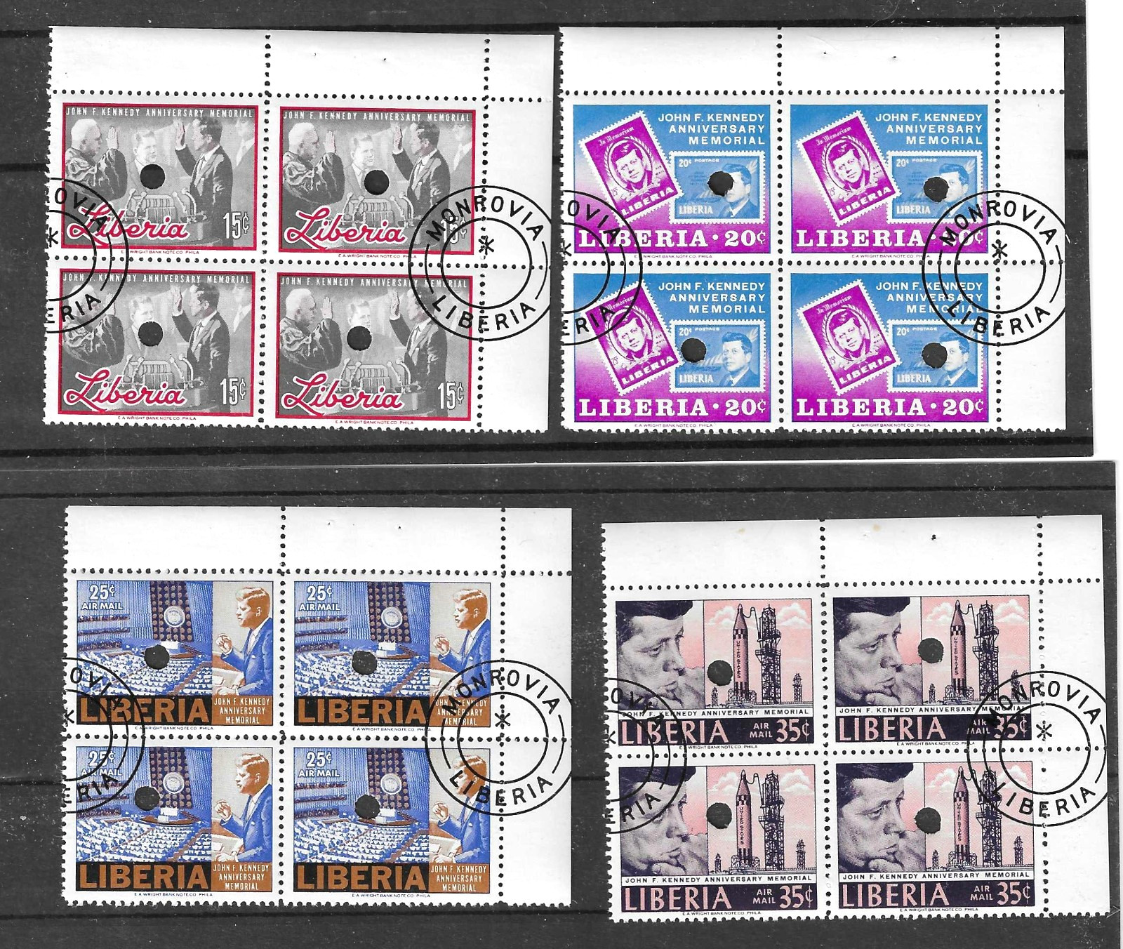 Liberia 1966, JFK, CANCELLED BLOCKS(4), WRIGHT CO. ARCHIVES, #447-8,C173-4