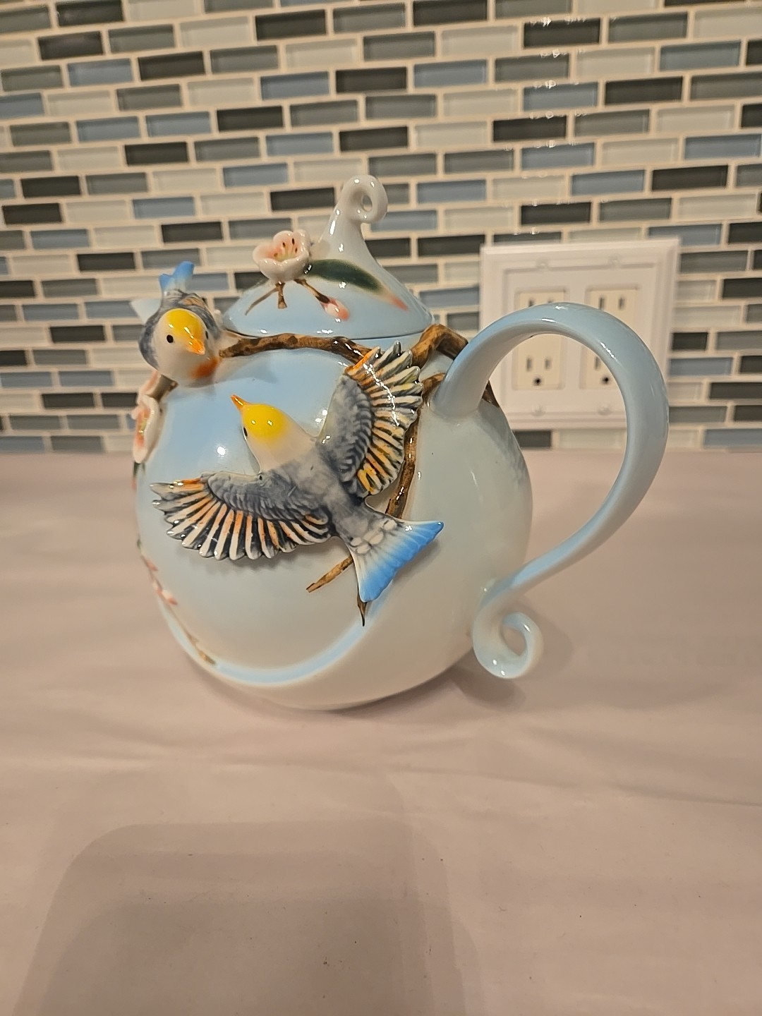 Pier 1 Imports Hand Painted Porcelain 3D Decorative Teapot Birds Flowers 7”