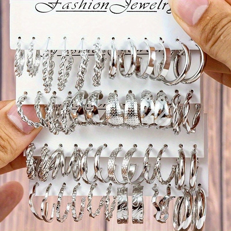 48Pcs Fashion Hoop Shaped Earring Set Silvery Pendant Ear Studs Zinc Alloy
