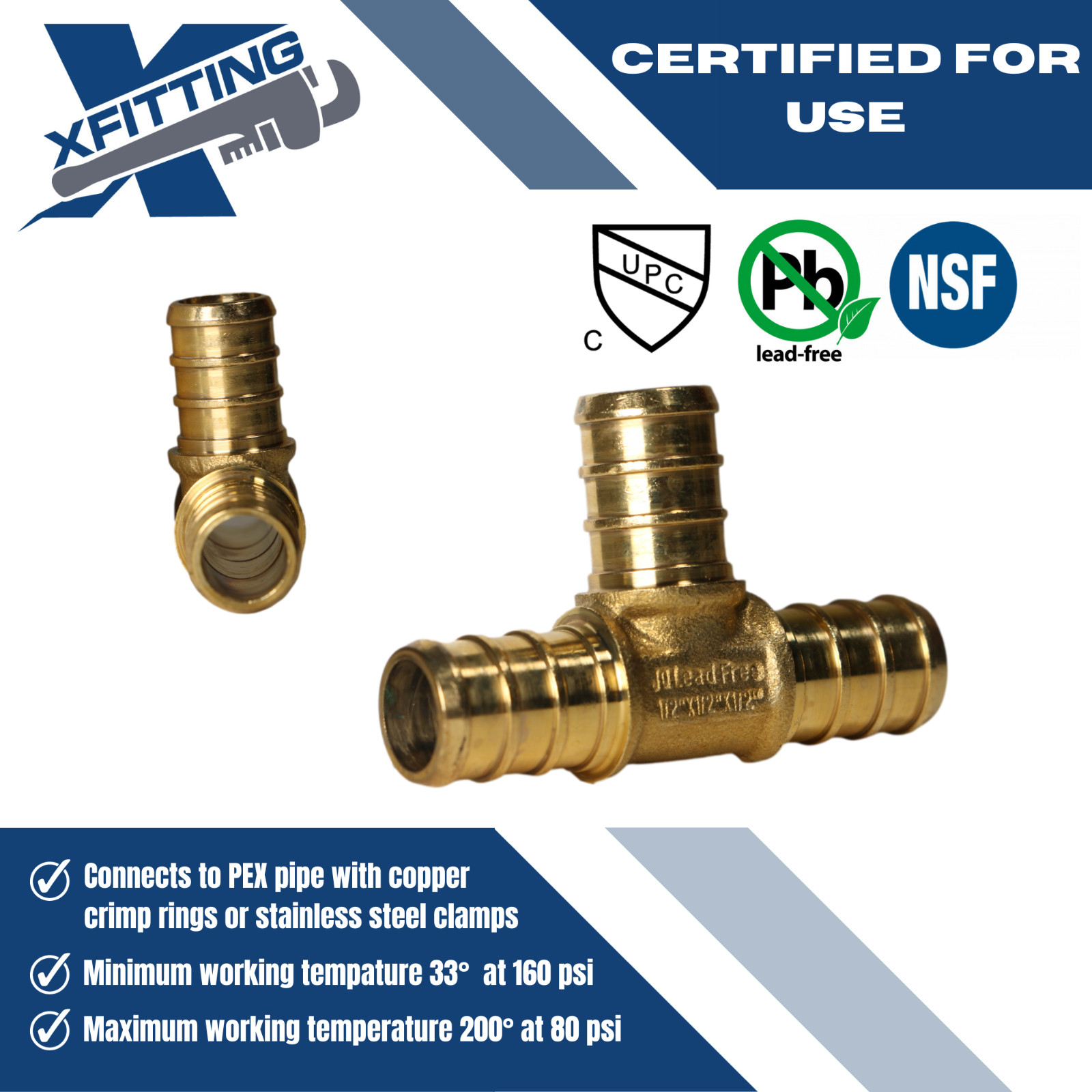 5 Pcs XFITTING 1/2" x 1/2" x 1/2" Pex Tee, Pex Barb Crimp Tee, Lead Free Brass