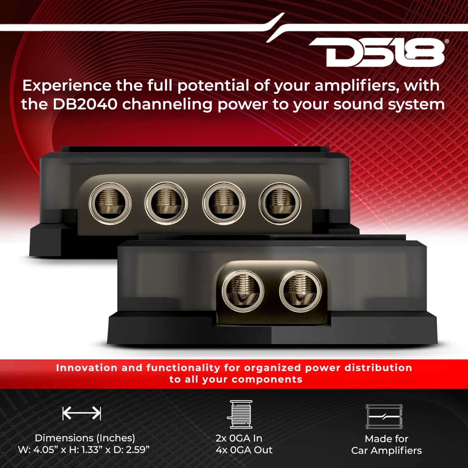 DS18 DB2040 Power Ground Amp Distribution Block 2x 0-GA In 4x 0-GA Out