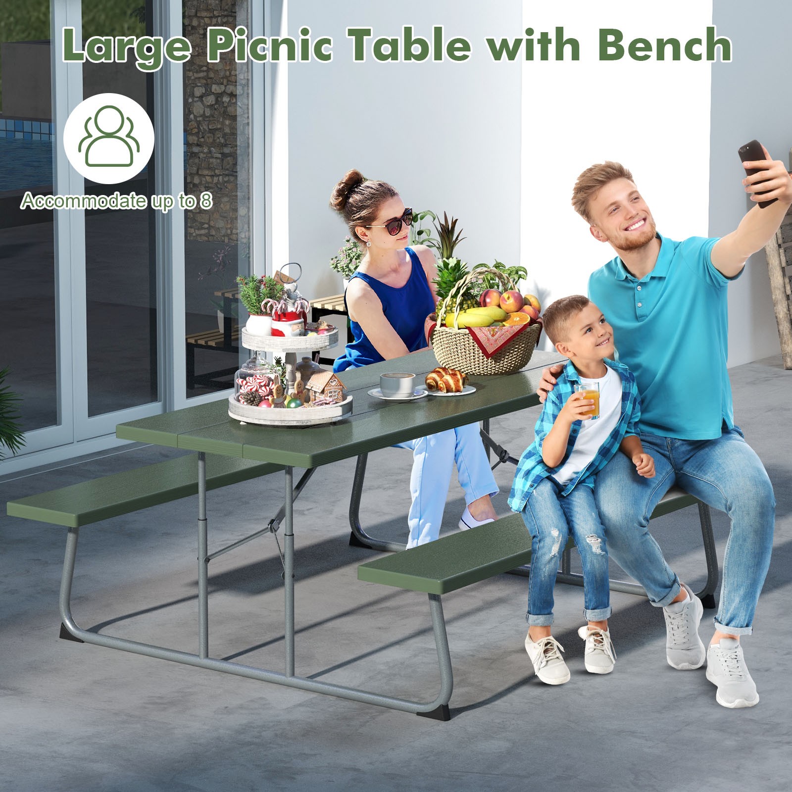 Folding Picnic Table w/ 2 Benches All Weather Wood-like Tabletop Umbrella Hole