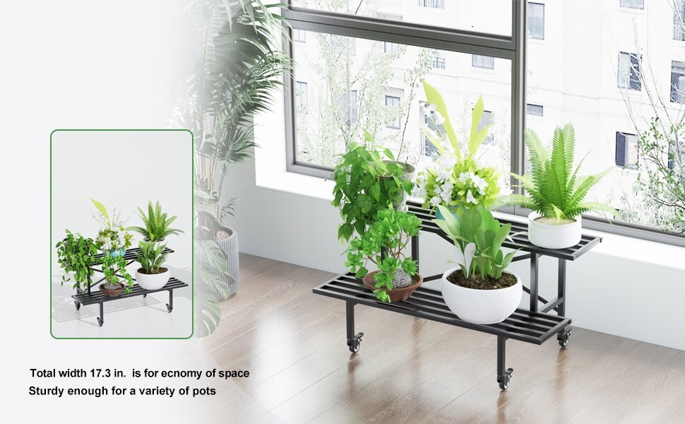 Zhongma 2 Tier Sturdy Heavy Duty Metal Plant Stand, L45.67 x W17.5 x H14 inch