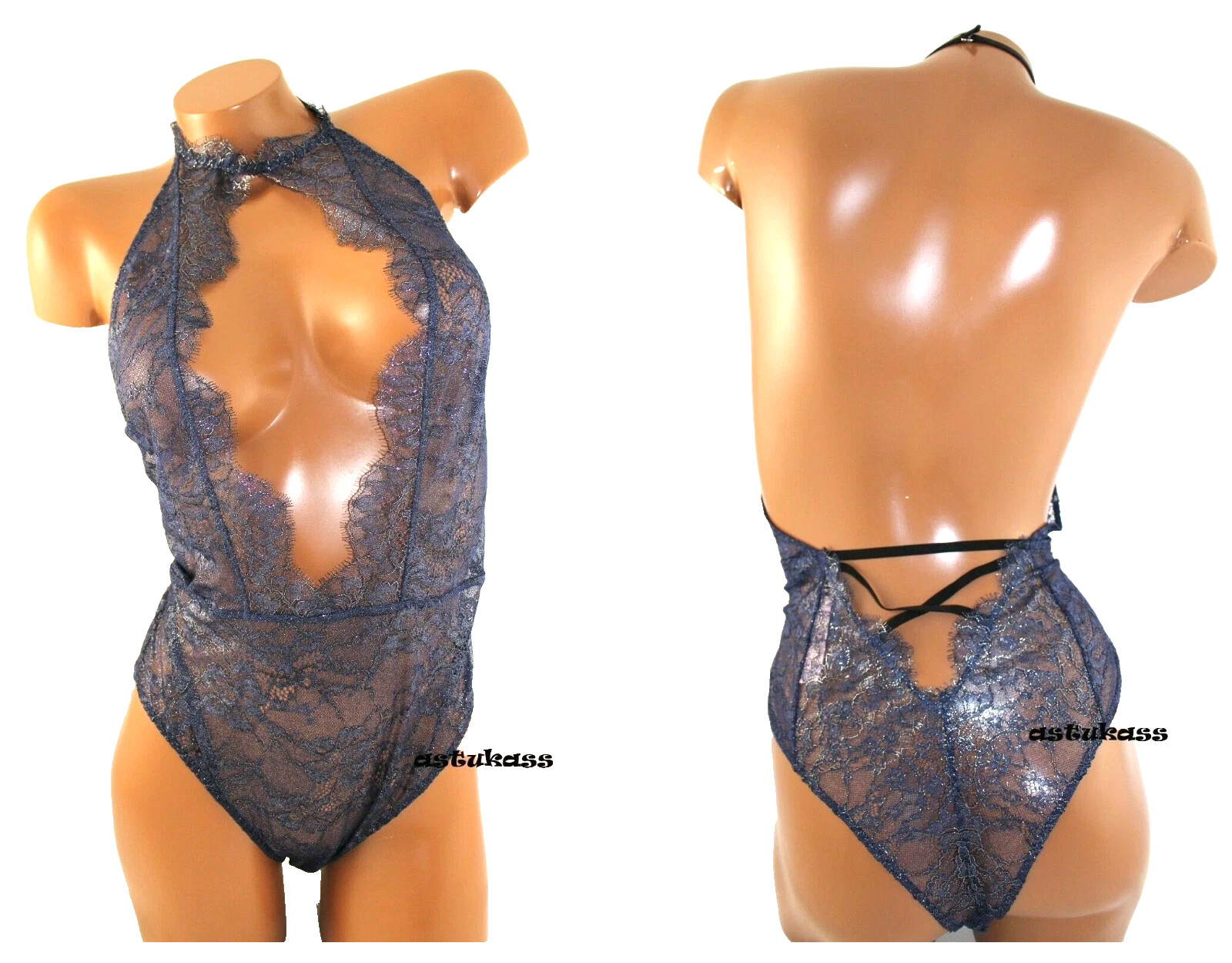 Victoria's Secret Dream Angels Chantilly Lace Teddy Blue Foil Size L NWT