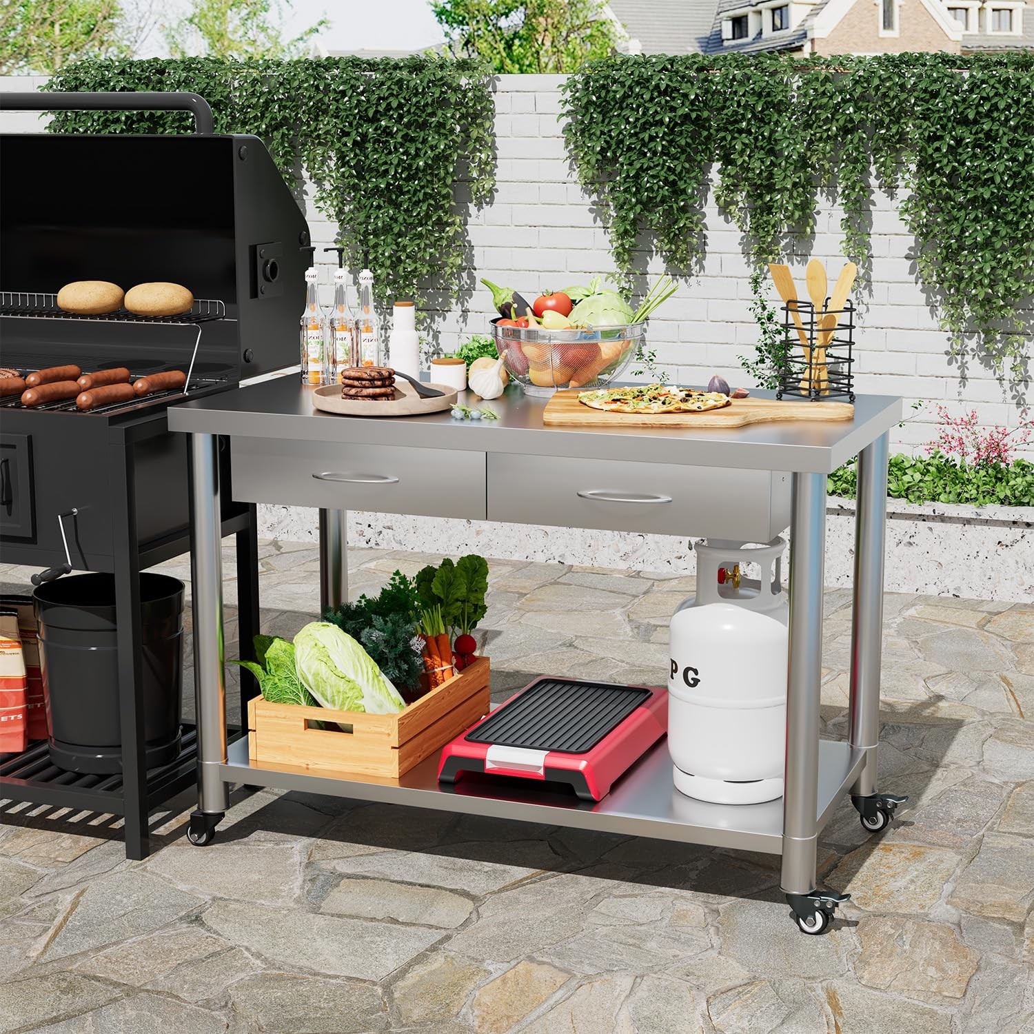 48"x24" Stainless Steel Work Table with Drawers, Rolling Kitchen Prep Workbench