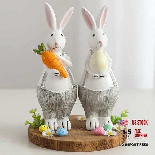 Resin Easter Bunny Decor, Adorable Mini Bunny Figurine with Carrot and Overalls