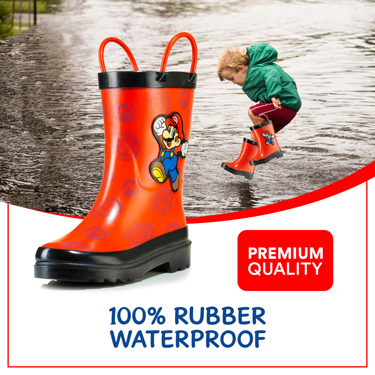 Nintendo Super Mario Boys Waterproof Easy-On Handles Rubber Rain Boots - Toddler