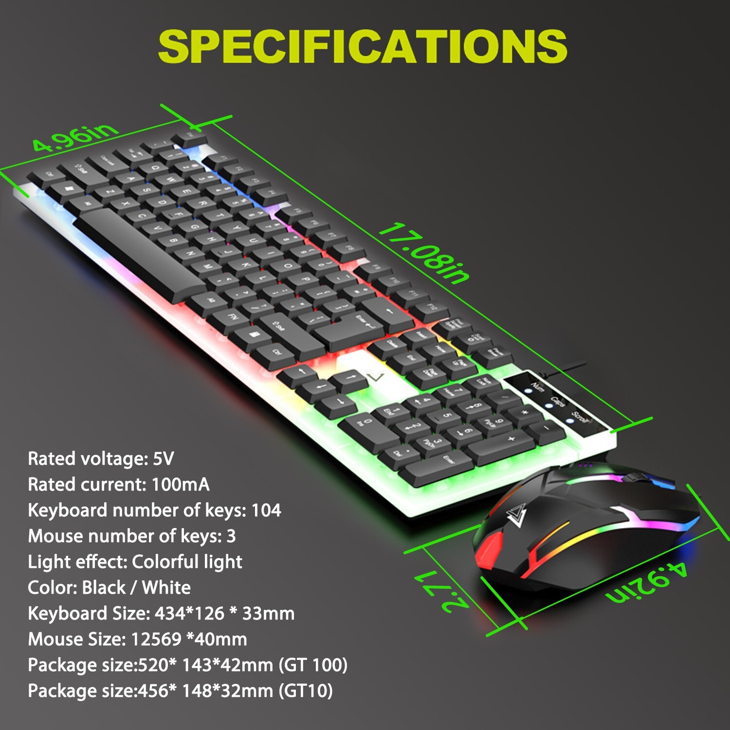 Wired Gaming Keyboard and Mouse Set RGB LED Rainbow Backlit for Computer Desktop