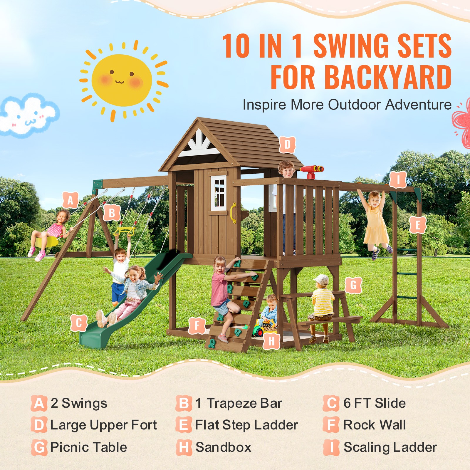 Wooden Swing Set 10 IN 1 Outdoor Playground Sets 6 FT Slide Upper Fort