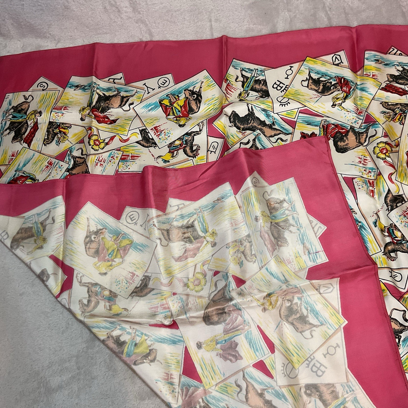 Vintage J Ruiz Scarf Matador Bull Fighter Pink Table or Fashion Large 34 inch Sq