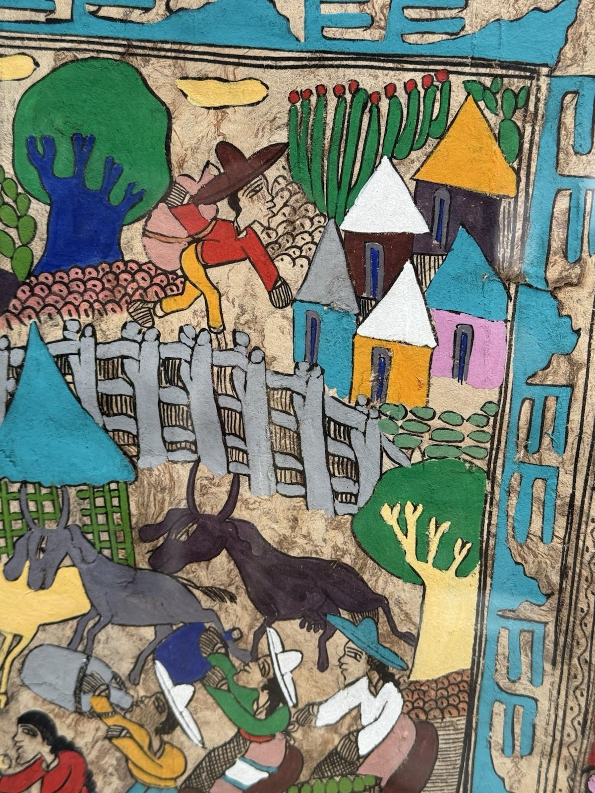 3 large Framed Mexican Folk Art On Bark Paper Hand Painted JMZ