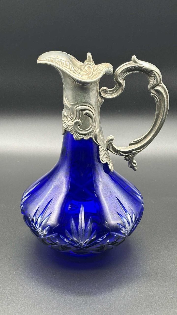 Antique Bohemian Cobalt Cut Glass Pitcher Pewter Mounted Art Nouveau 8.75”