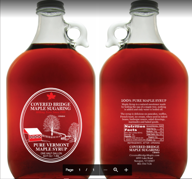 (1) half gallon glass jug of Pure Vt. "Organic" Maple syrup Golden, Amber, Dark
