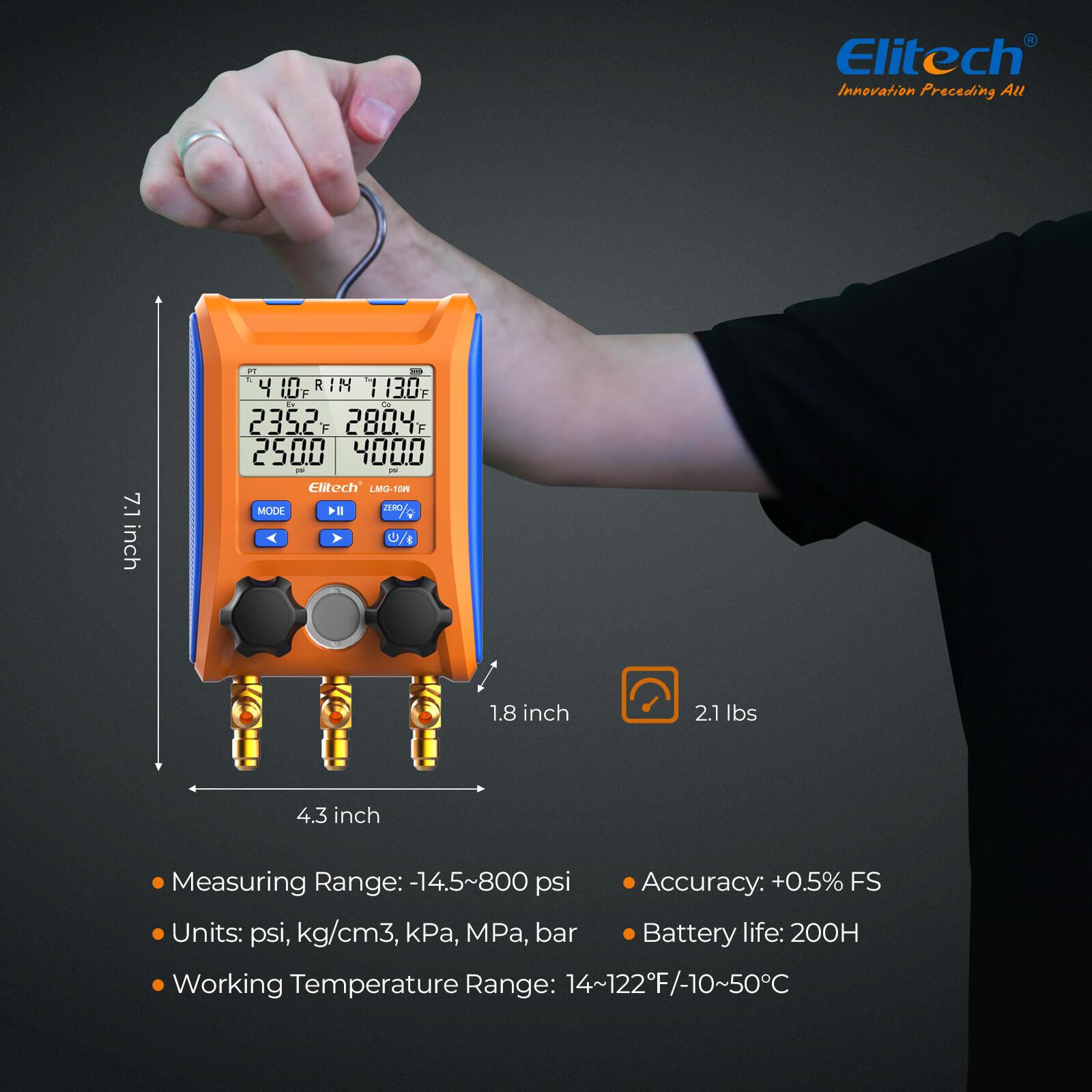 Elitech Digital Manifold Gauge 2-Way Valve AC Gauge LMG-10W App Control w/Hoses