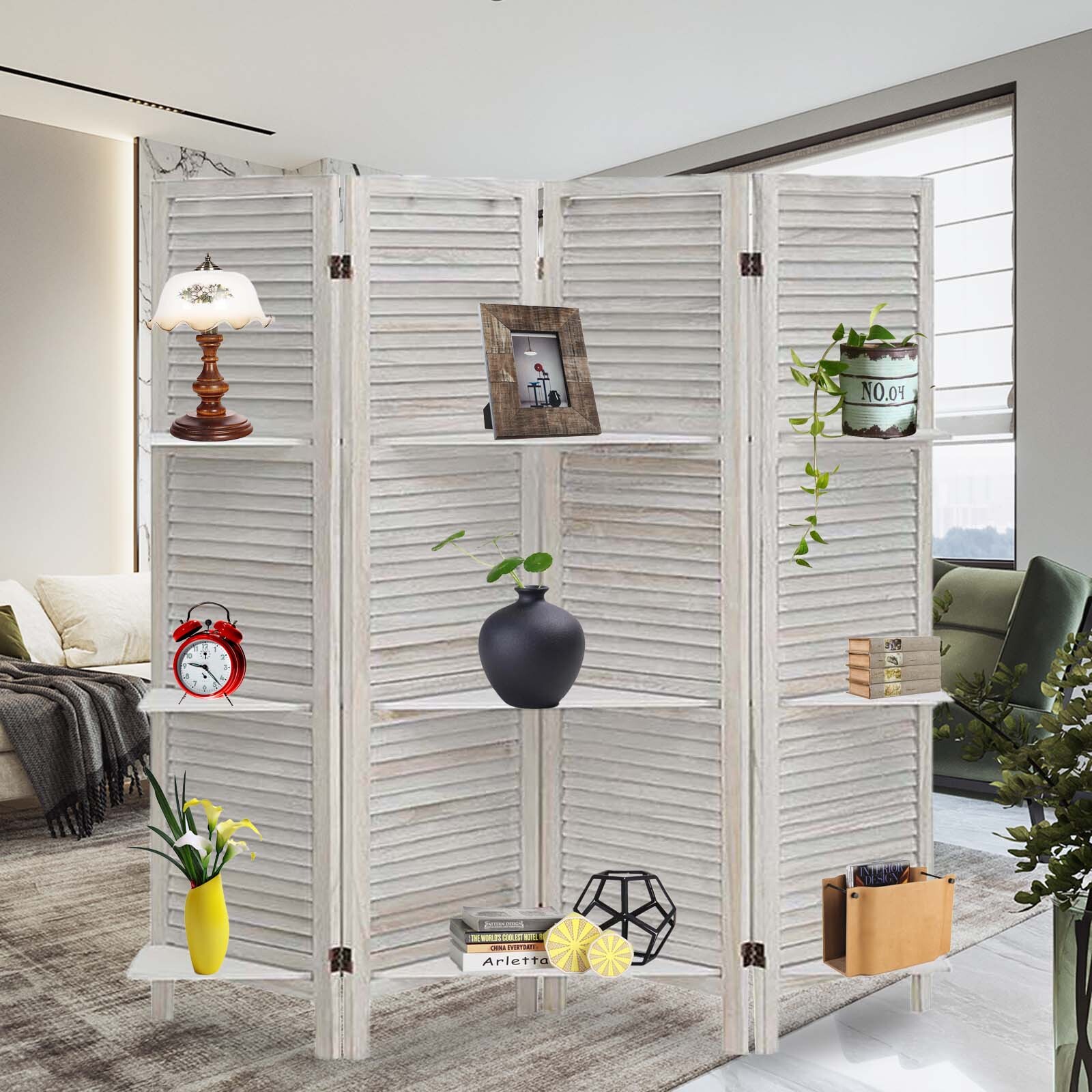 4 Panel 5.6FT Wooden Room Divider Folding Privacy Screen Partition W/ Shelves