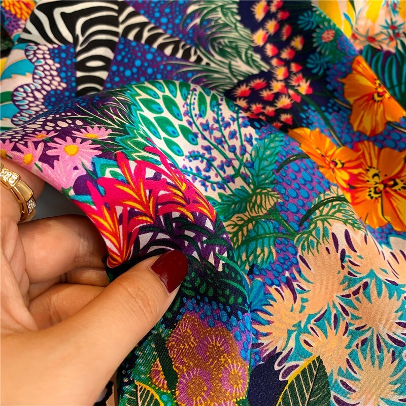 100% Mulberry Silk 20" square Scarf Women neckerchief Wrap Forest Jungle Zebra