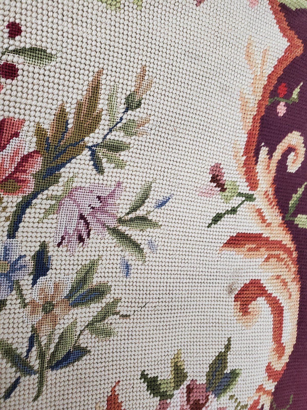 Antique Ottoman Footstool Needlepoint Top English Oak Bobbin Legs Granny Chic