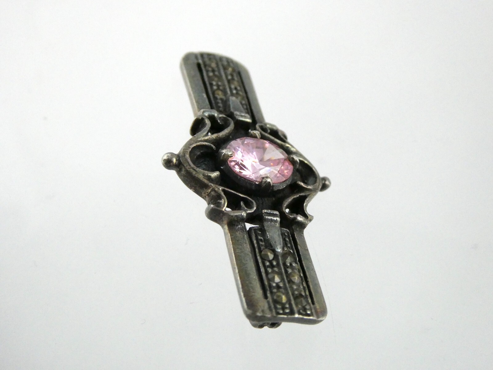 Sterling Silver Pink CZ and Marcasite Studded Bar Brooch Pin 925 6.7g 1.5 Inches