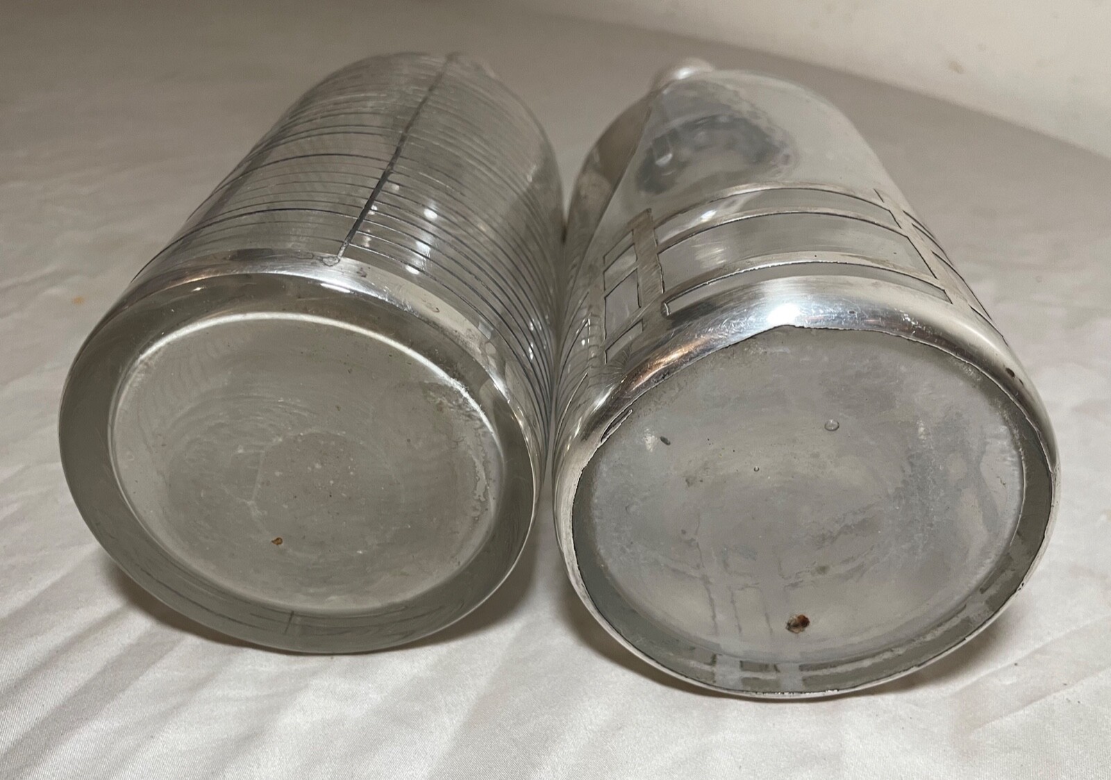 pair antique ornate sterling silver overlay glass liquor claret decanter bottle