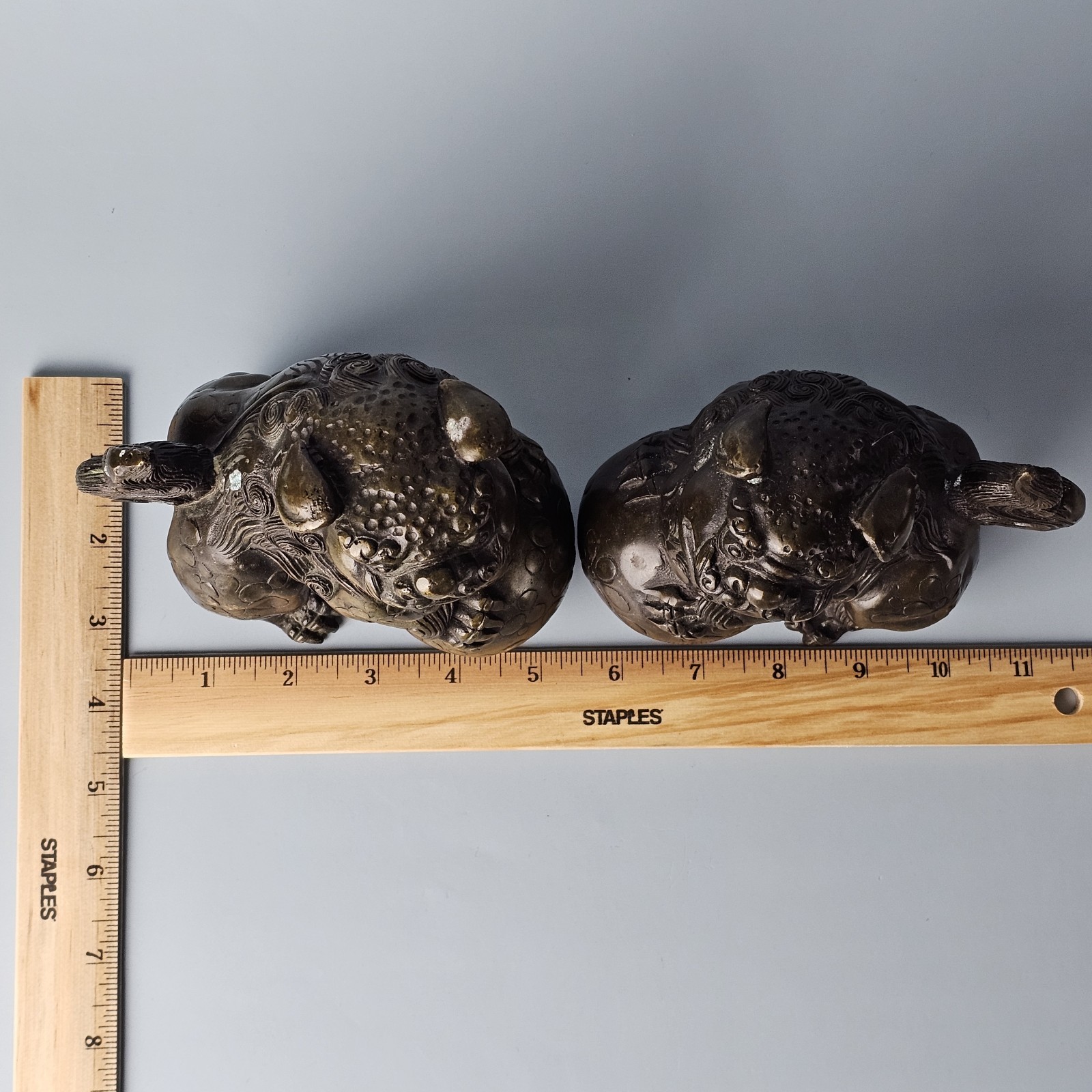 Vintage Asian Mythical Fu Foo Dog Guardian Lions Bronze Sculpture Marked