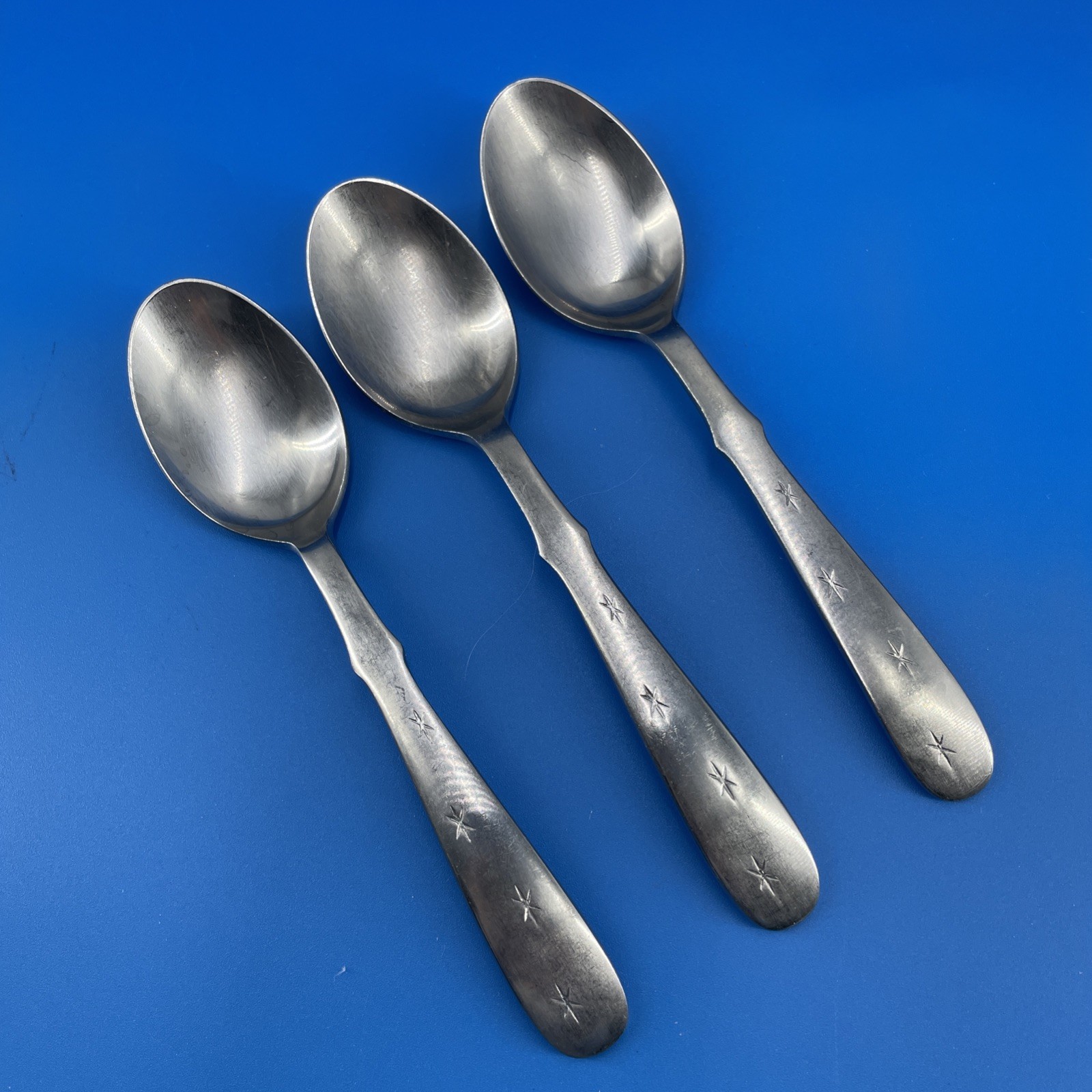 Nasco Star Sapphire Place Soup Spoons x3 Mid Century Glossy Japan 7.25" Atomic