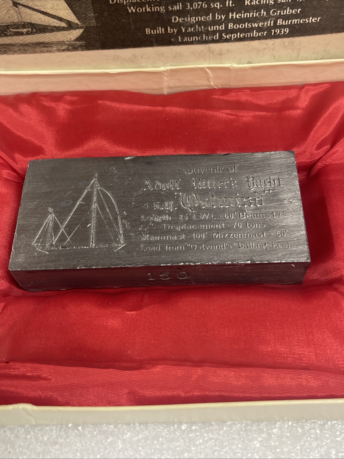 Hitler Lead Ingot S. Y. Ostwind Plaque 4” X 2”1/2" #150 With Original Box