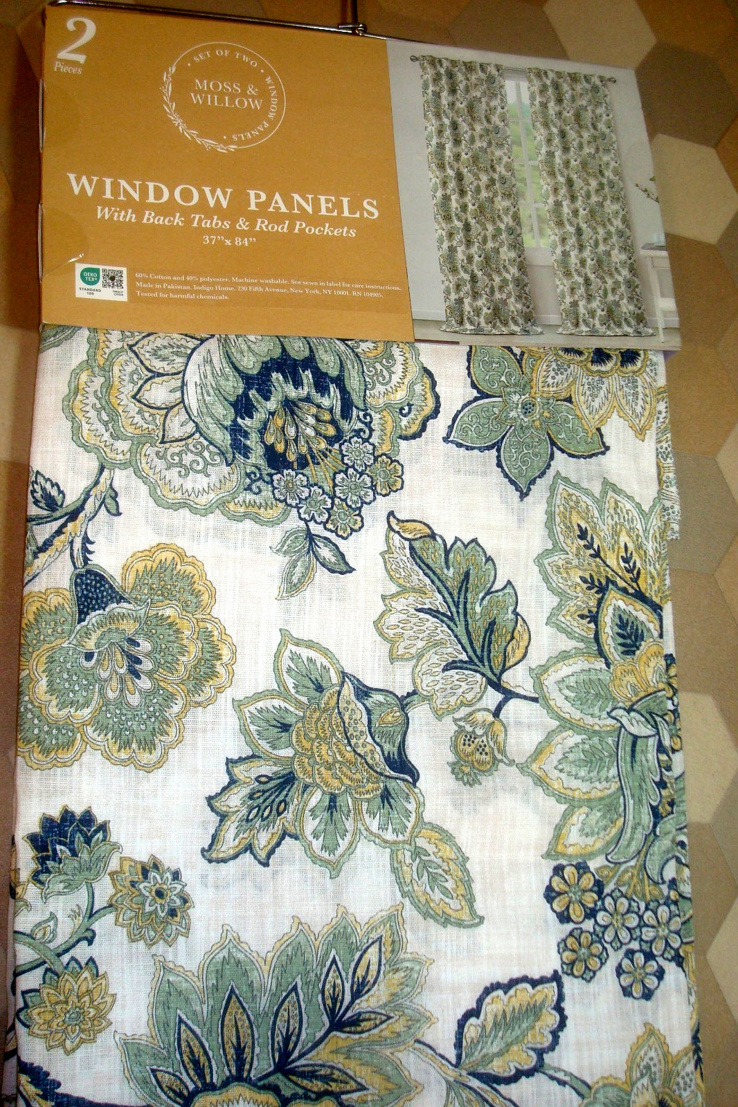 NWT Moss & Willow 2 pc Curtain Panels Floral Cotton blend Blue Green 84" lg