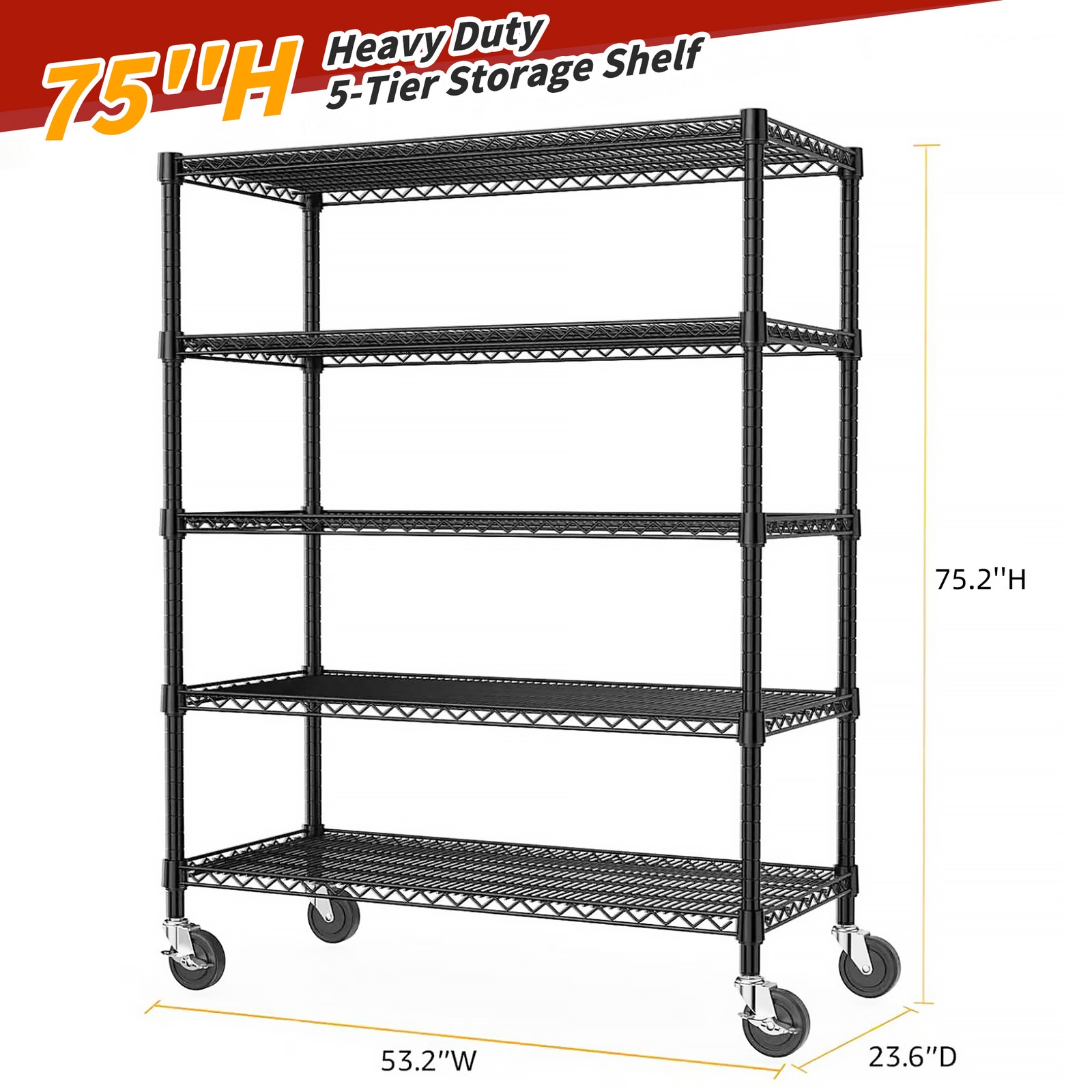 M MZG 5 Tier Heavy-duty Metal Shelves Wheel Shelves Units Adjustable Duty Rack