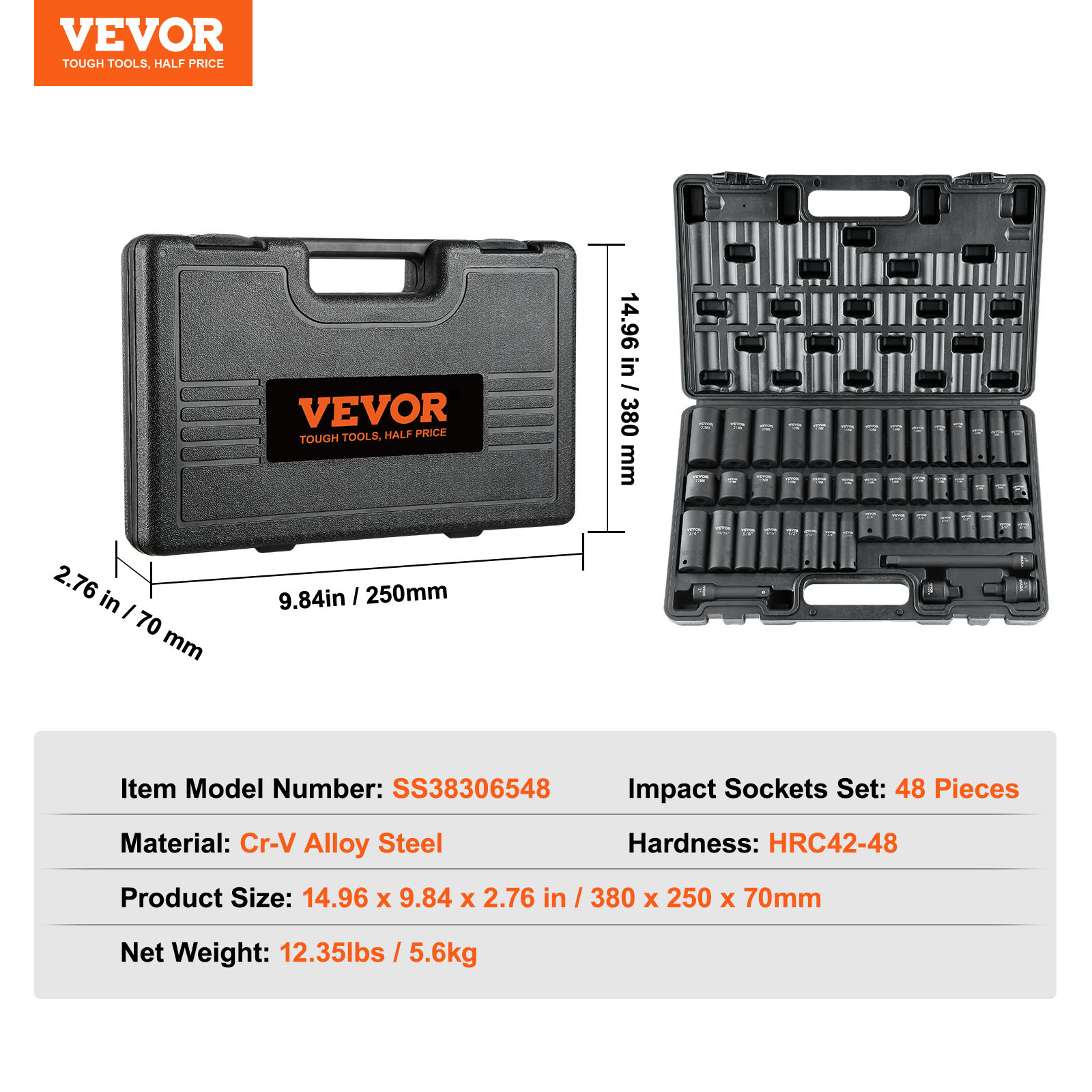 VEVOR Impact Sockets Set 48pcs 6-Point 3/8in Drive Bit Ratchet Tool Kit Case