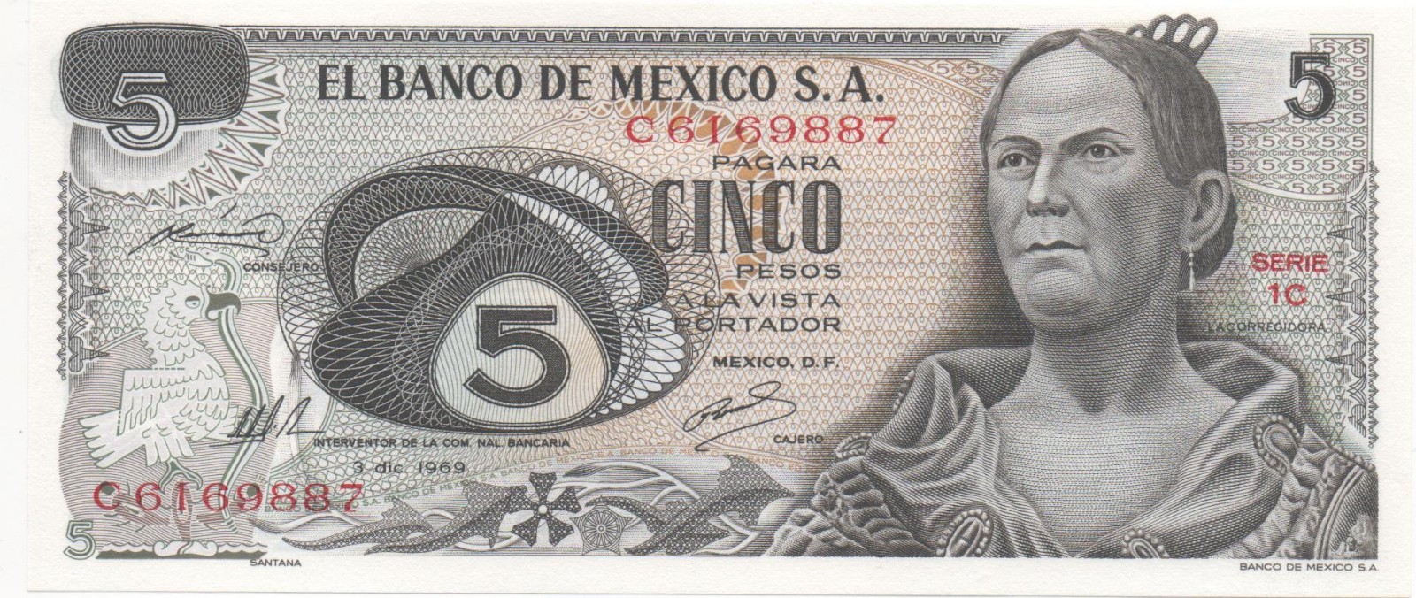 Mexico Banknote 5 Pesos La Corregidora Queretaro Billete UNC Mix Year Banknote