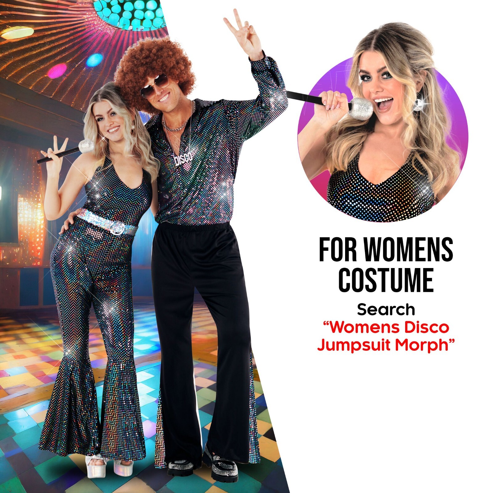 Men`s Disco Dude Costume Wig Sunglasses Adult 1970s Dance Outfit Flares S - 3XL