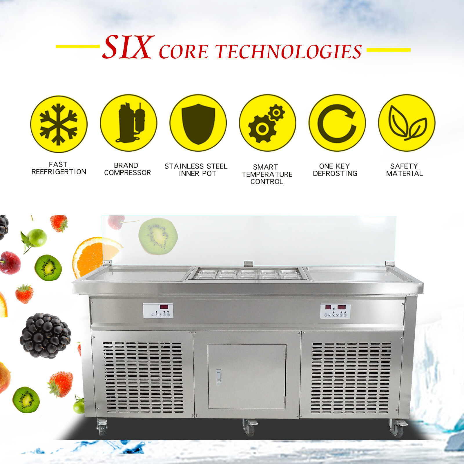 Kolice 21"x21" Double Square Pans Roll Ice Cream Machine,10pcs Refrigerated Tank