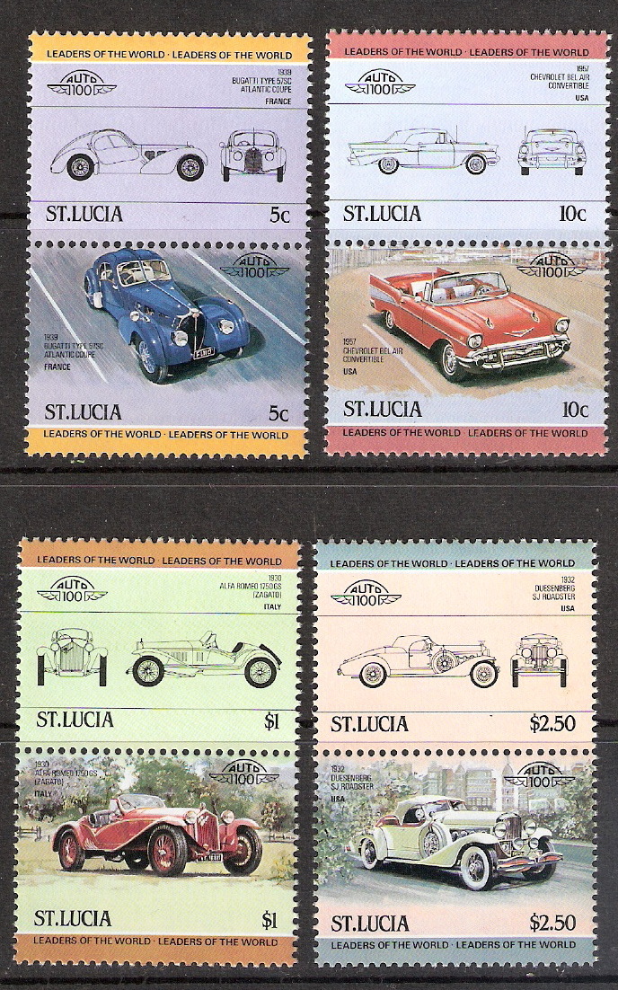 Saint Lucia 1984 Classic Cars Complete Set Se-Tenant Pairs MNH (SC# 653-656)