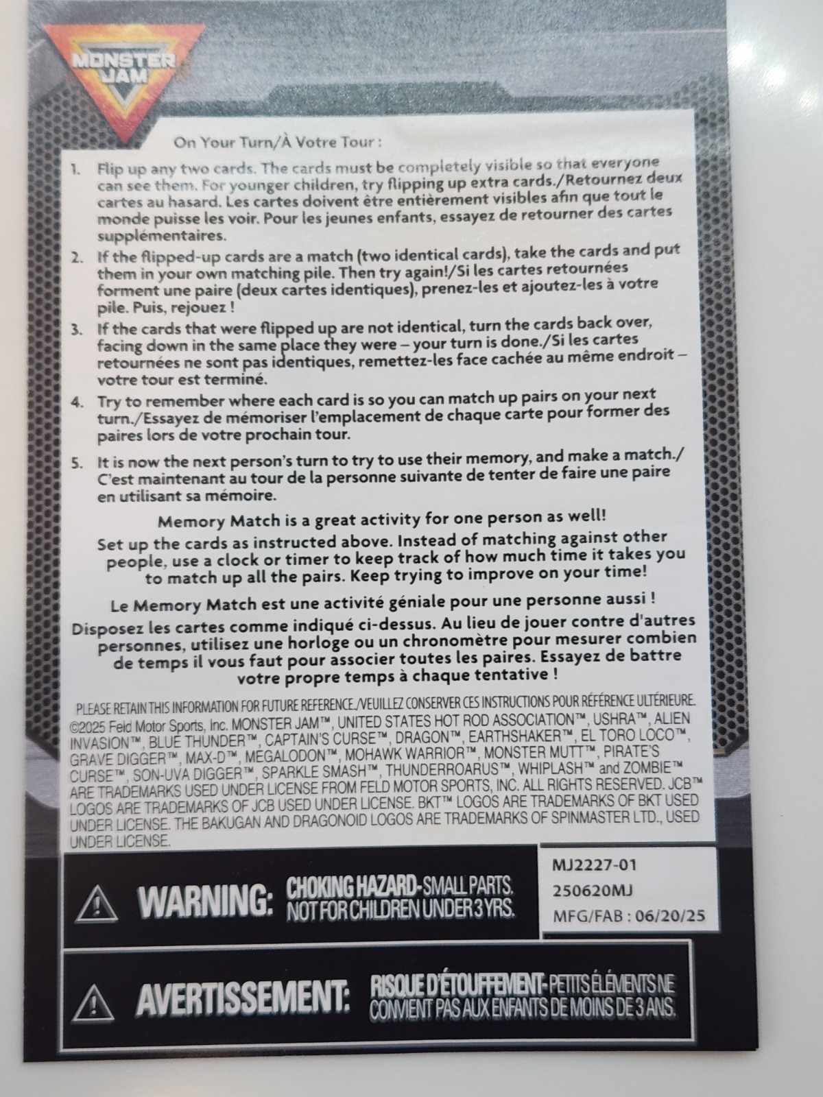 Monster Jam Memory Match Card Game 72 Matching Cards Brand New Factory Sealed