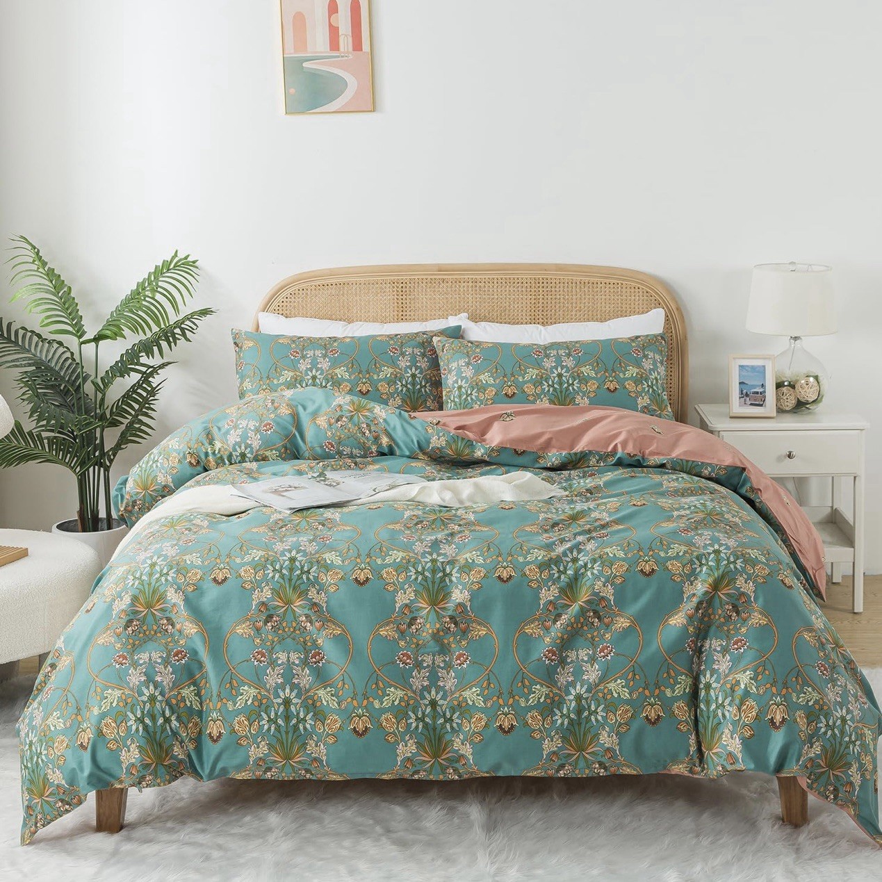 NEW Anthro Green Pink Reversible Floral King Boho Duvet Bedding Sham Case Set