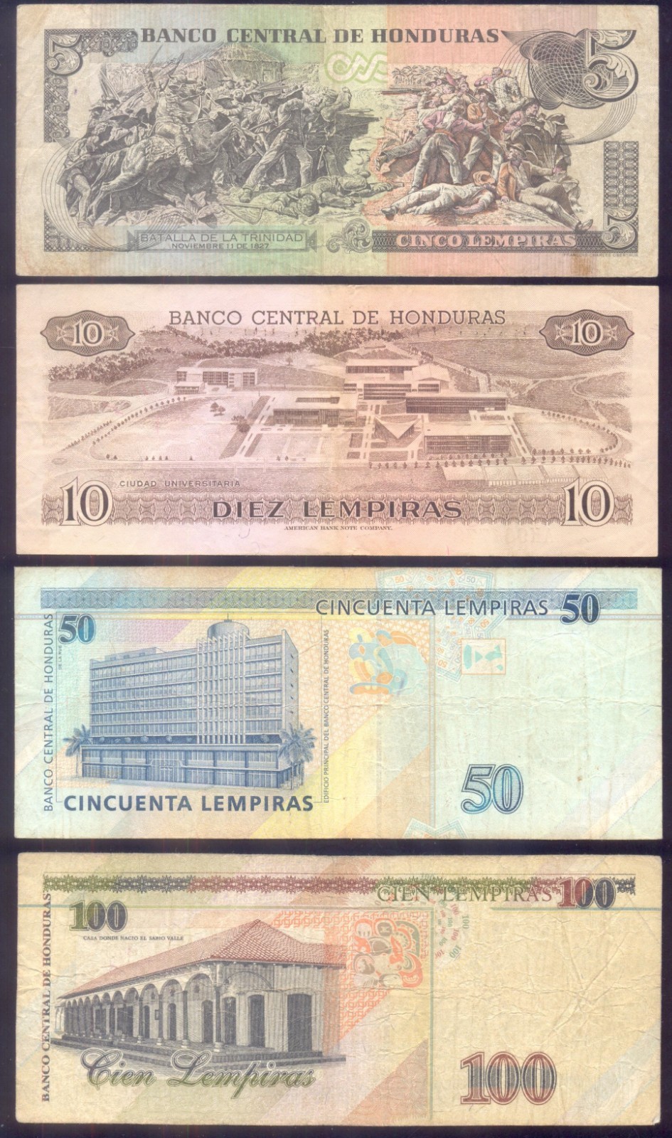 Honduras Set 1 - 100 Lempiras 1965-2008 VG - UNC