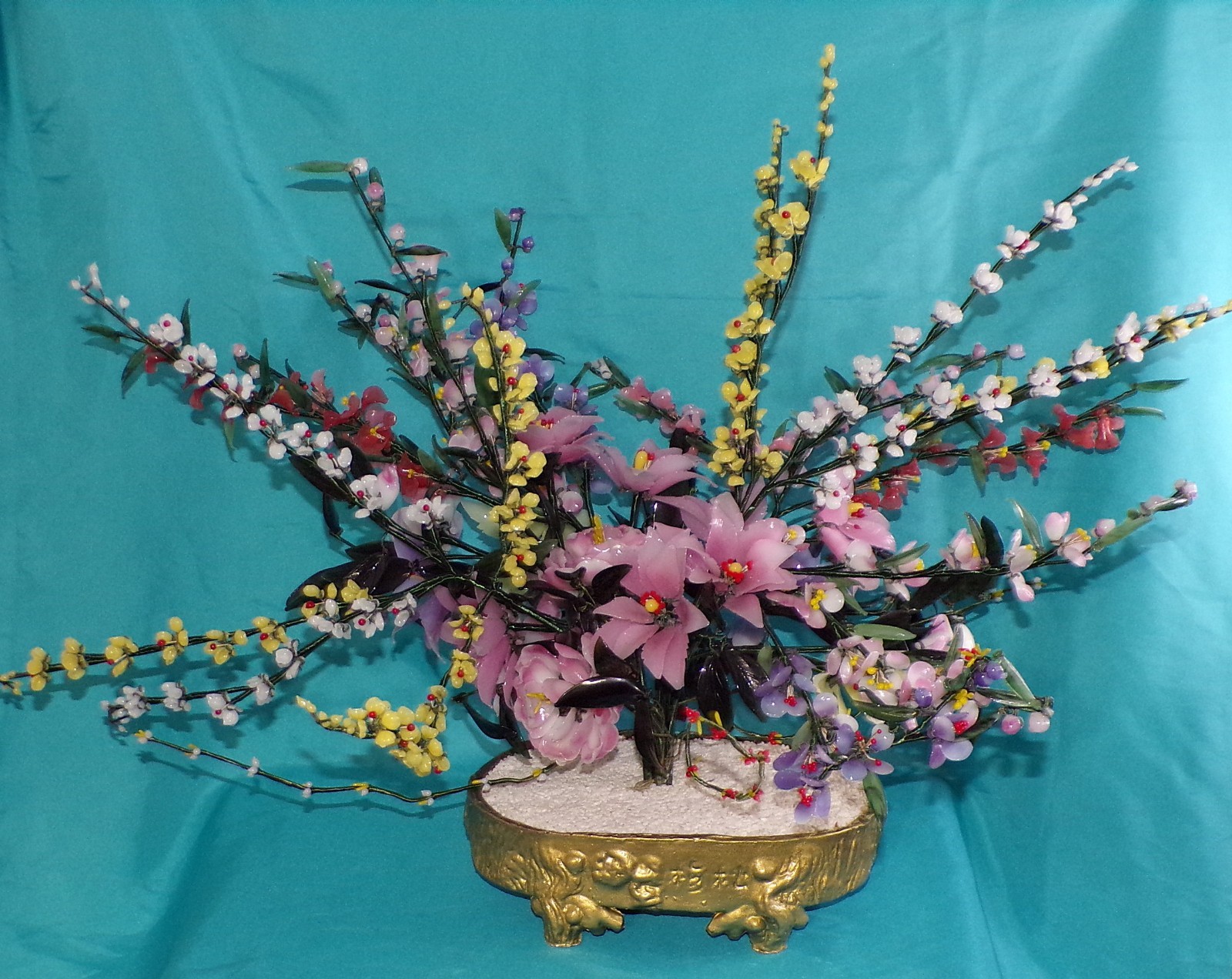 Large Jade Quartz Stone Glass Flower Bonsai Tree Vintage 20H x 30W Centerpiece