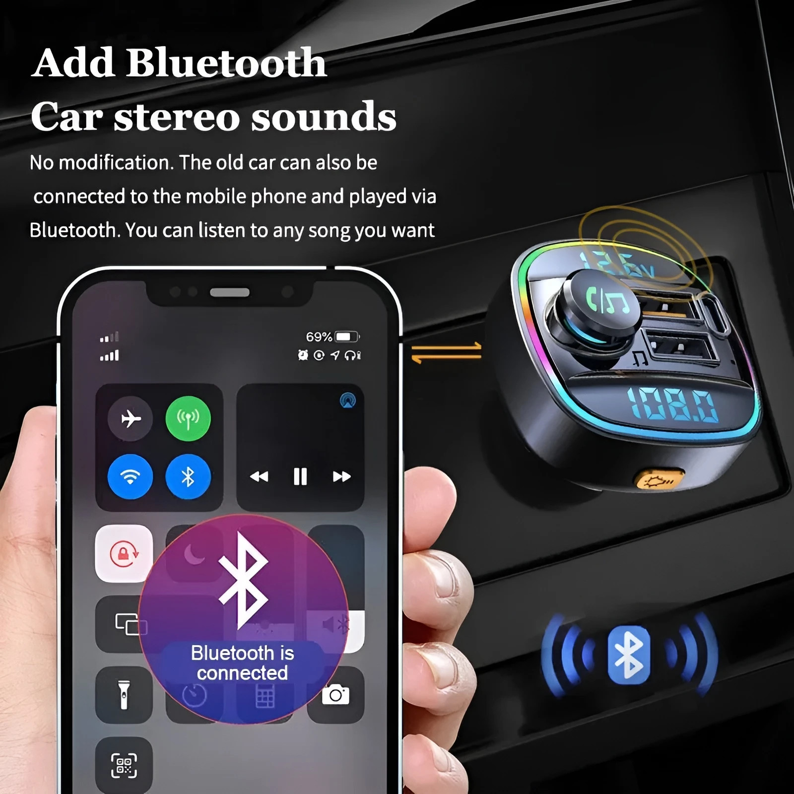 Bluetooth 5.0 Car FM Transmitter Adapter, Hands-Free, USB Charger, AUX Audio