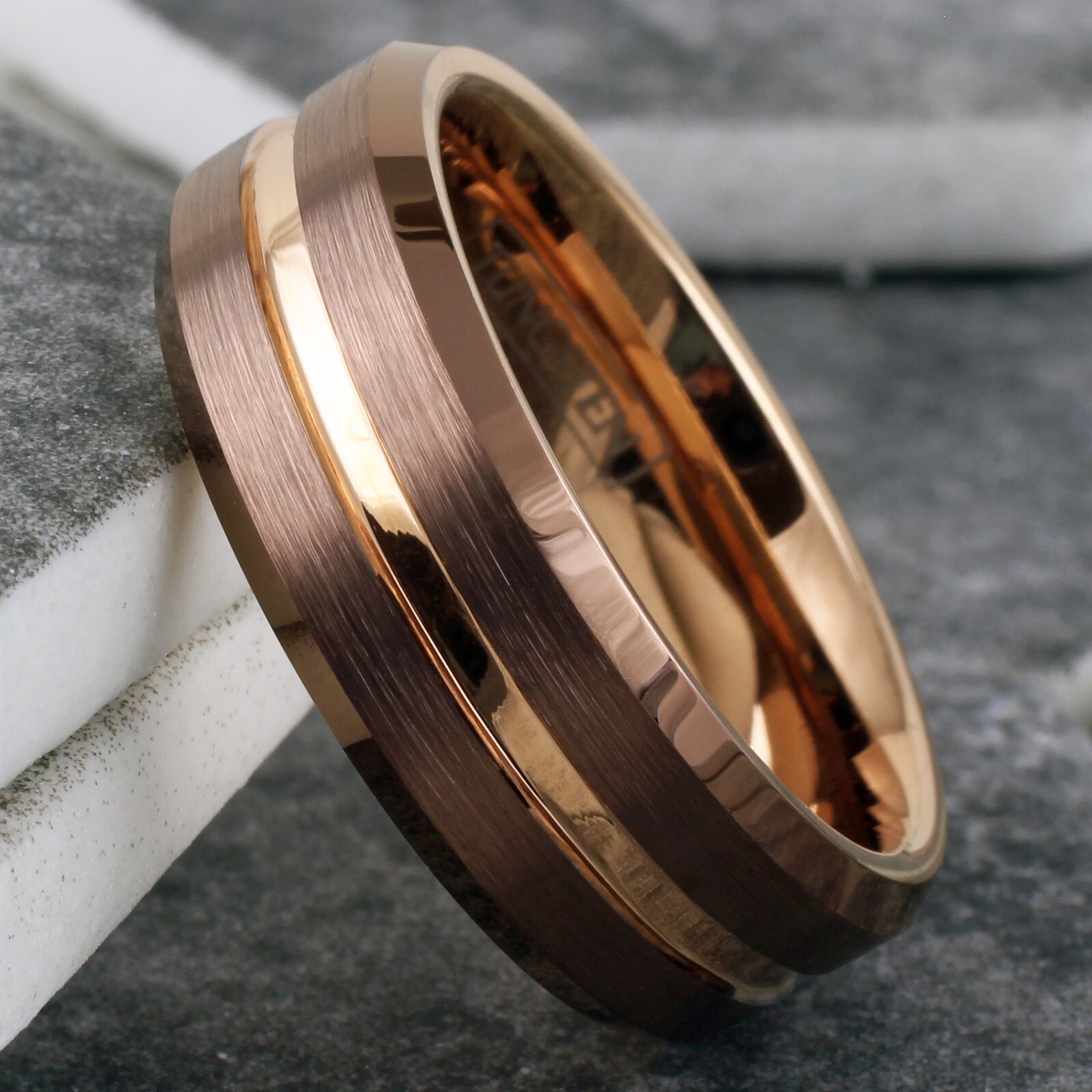 Bronze-Brown Tungsten Carbide Men's Ring Rose Gold Plated Stripe Wedding Band
