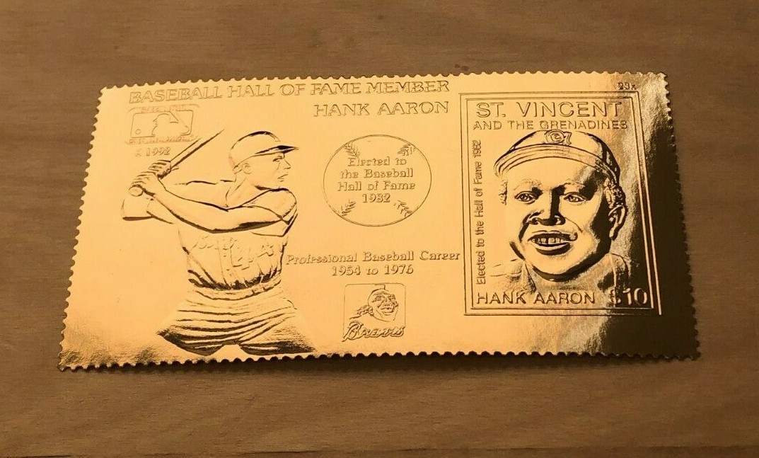 St. Vincent 1996 - Hank Aaron, Hall of Fame, Baseball 23k Gold Foil Stamp - MNH