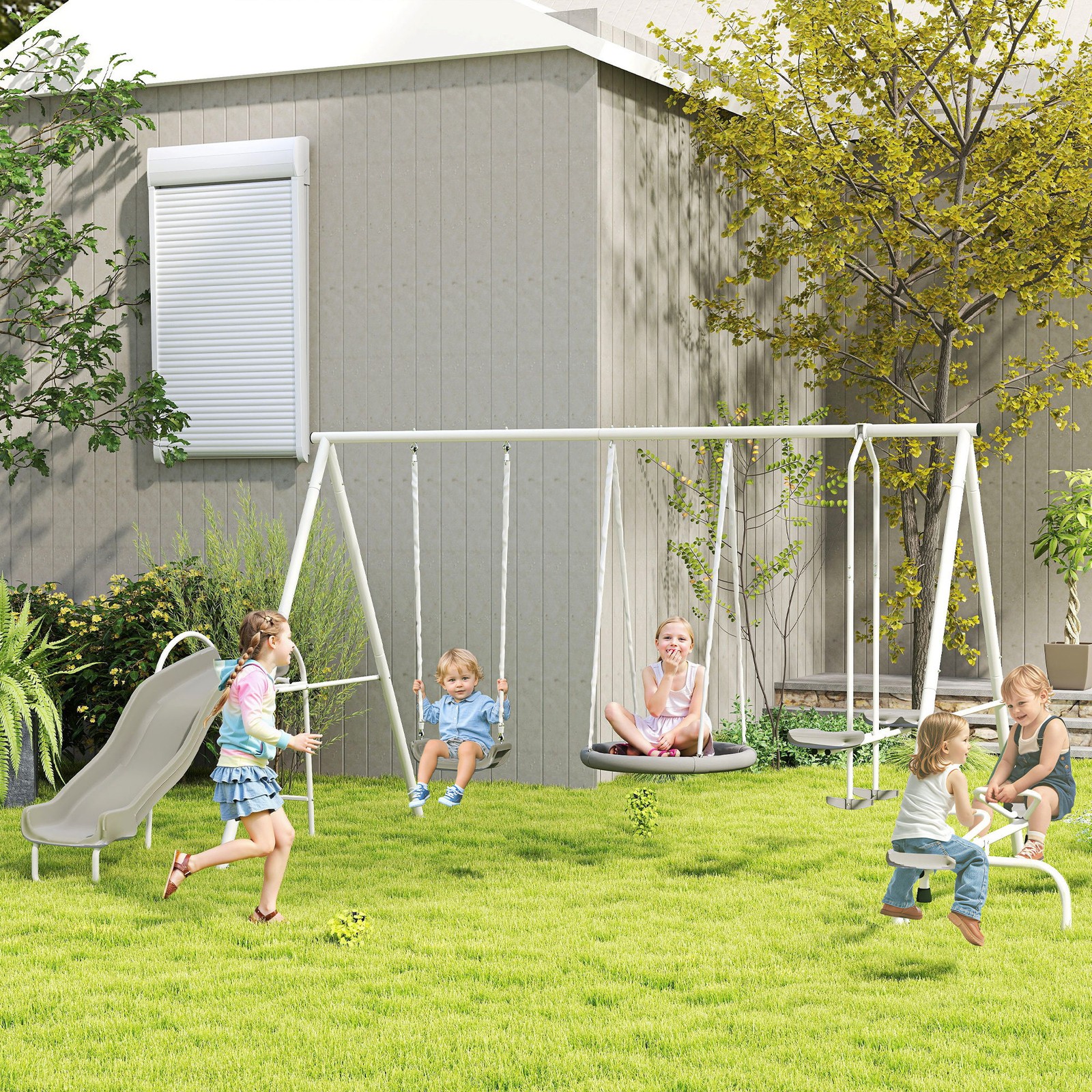 Outsunny Metal Swing Set for Kids with Double Swings Slide Seesaw Glider