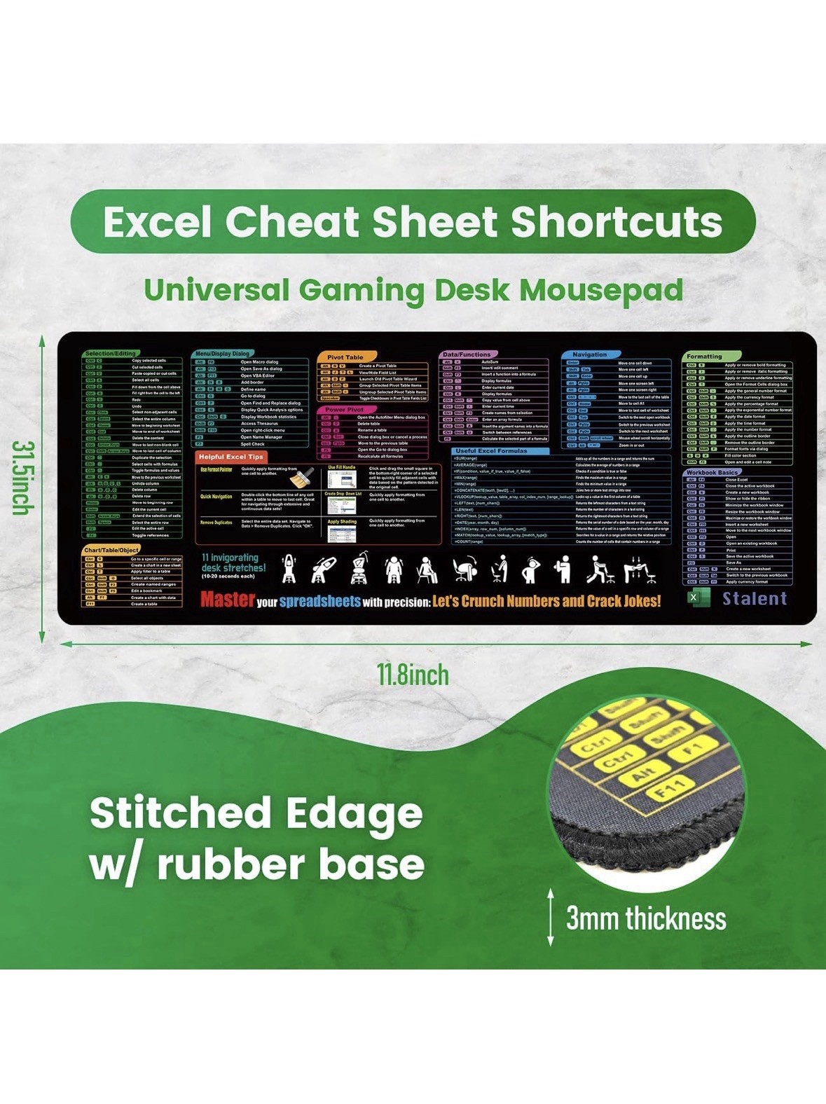 Excel Cheat Sheet Desk Pad, Updated Shortcuts Mouse Pad (31.5"X11.8") | Keyboard