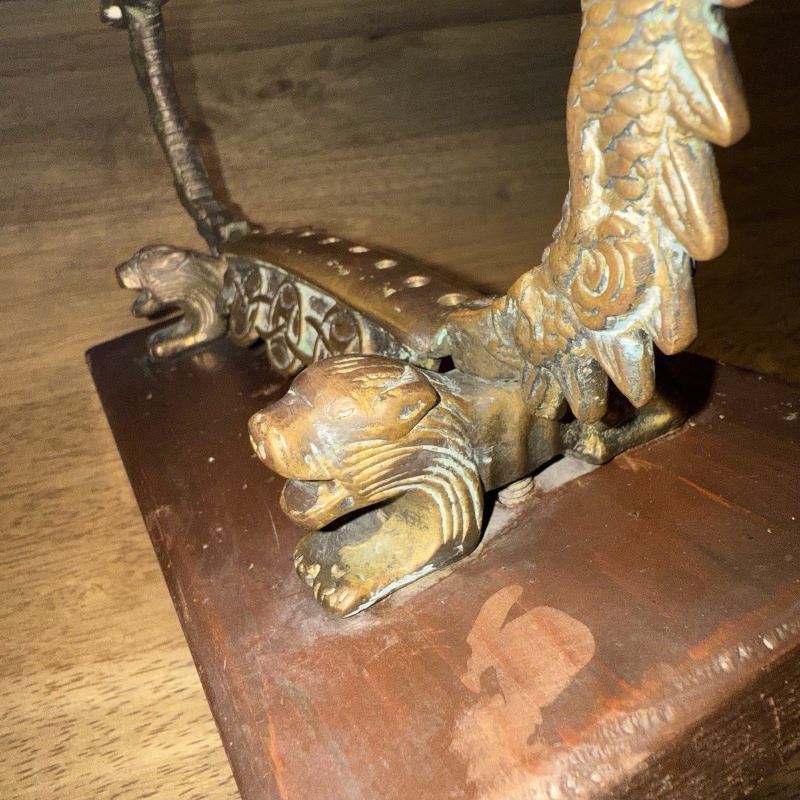 Vtg Chinese Metal Dragon Incense Burner Stand Wood Base Ornate Mythical Motif
