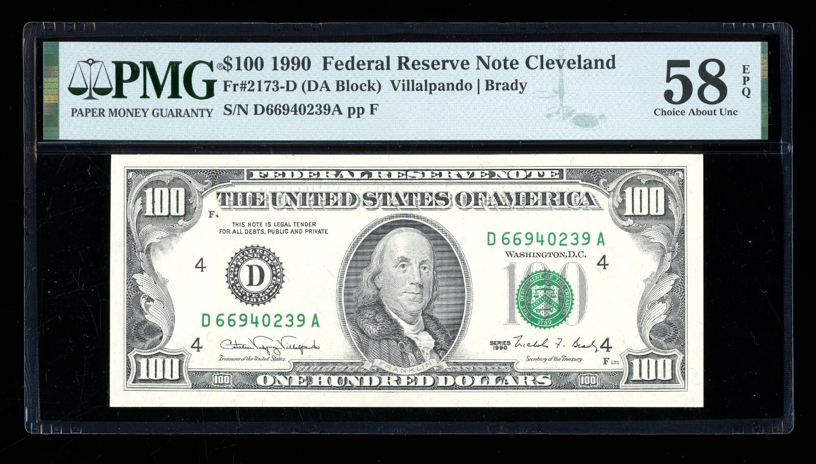 DBR 1990 $100 FRN Cleveland Fr. 2173-D PMG 58 EPQ Serial D66940239A