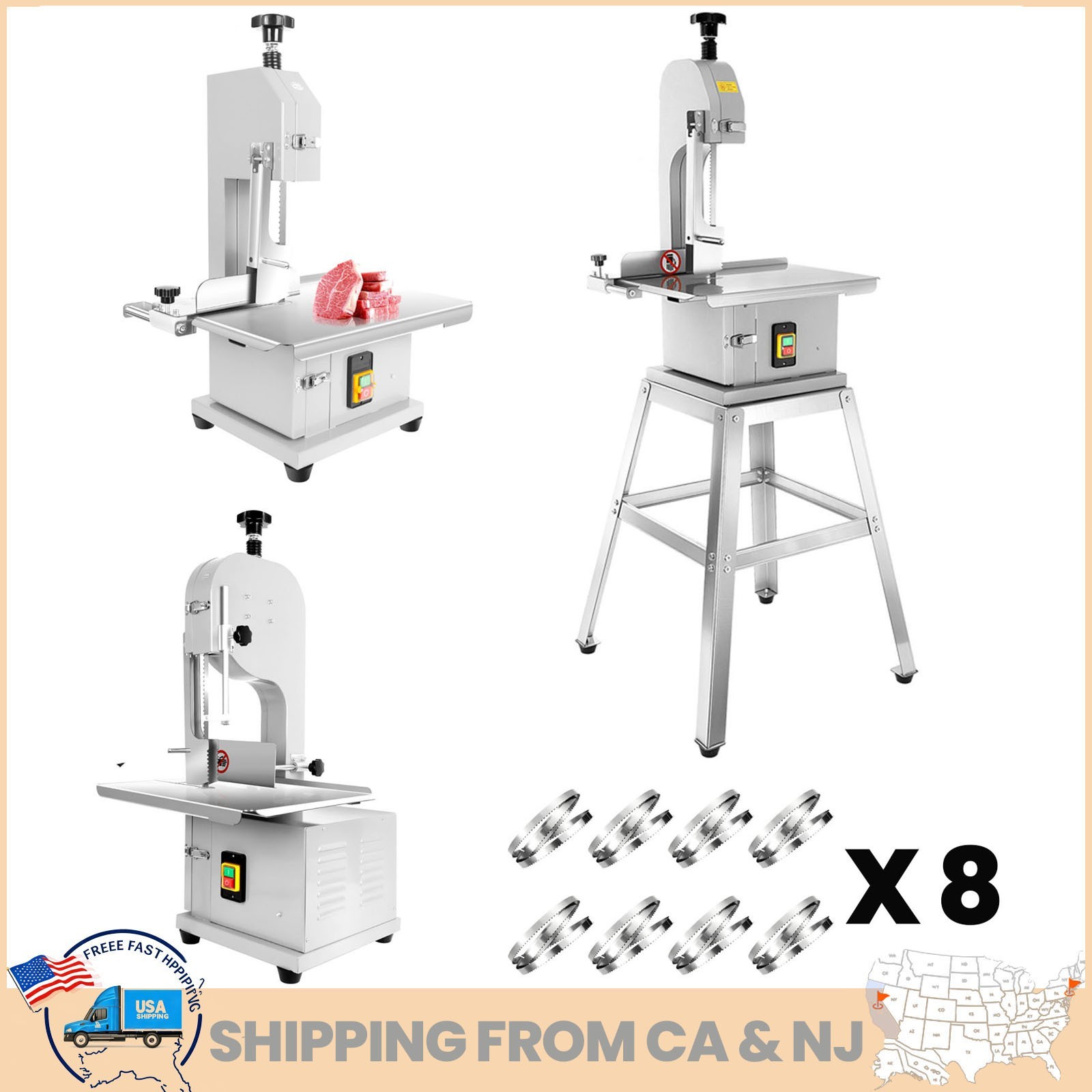 1000/1500W Electric Meat Bone Bandsaw Machine w/8 Blades Frozen Cutter for Beef