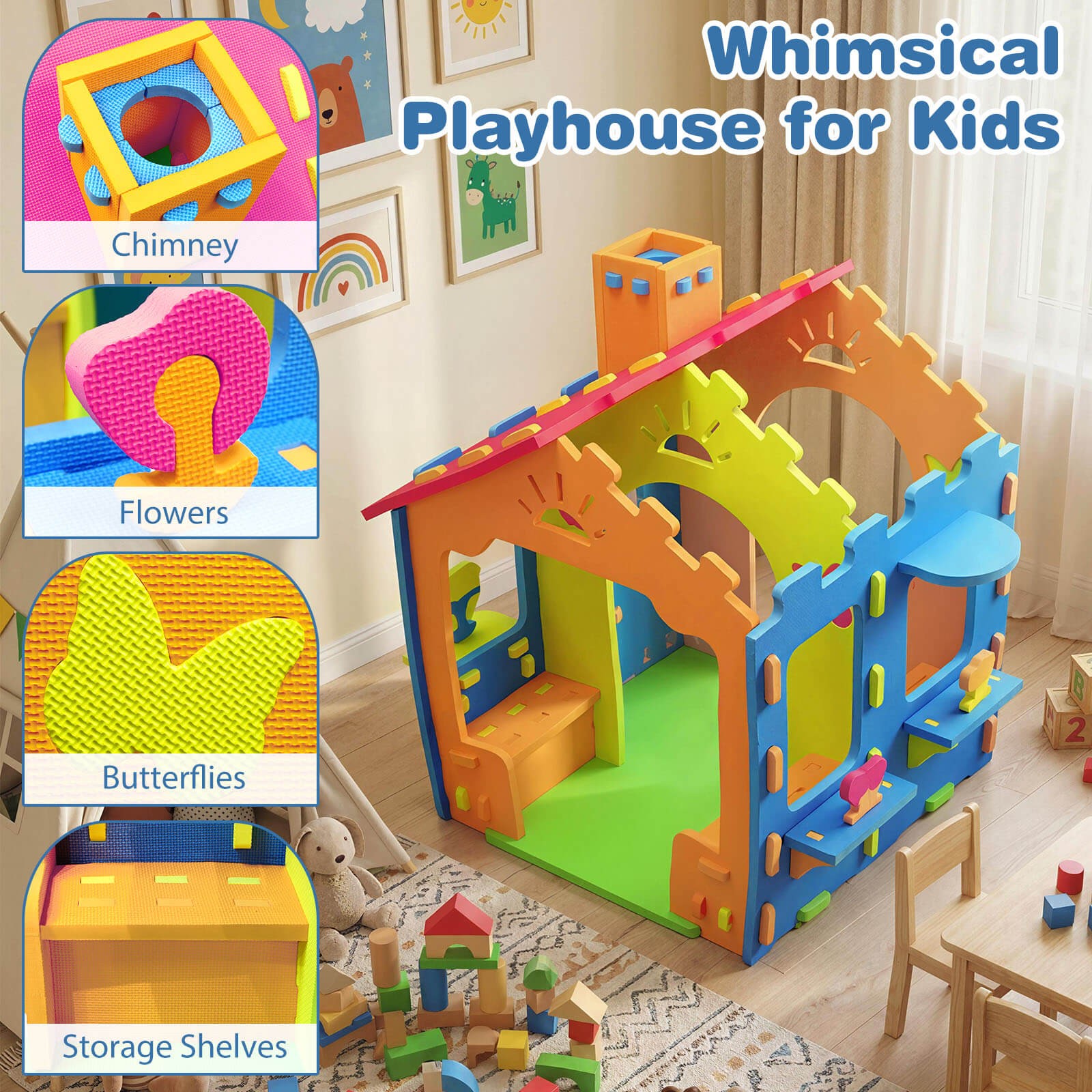Kids EVA Foam Playhouse w/Roof, Chimney, Windows & Doorways for Creative Play