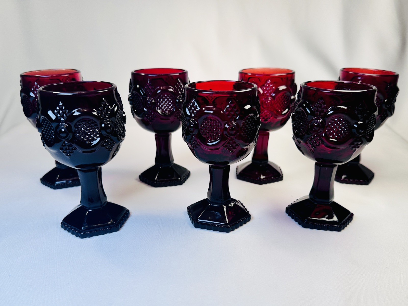 Set of 7 Avon Cape Cod Ruby Red Glass Goblets 4.5" Vintage Pressed Glass