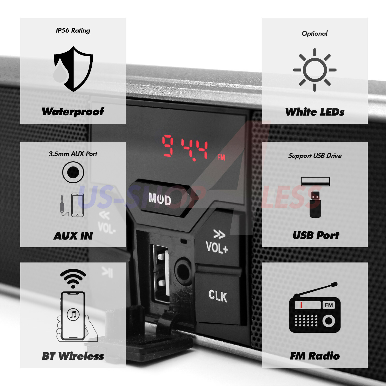 Bluetooth Motorcycle Stereo Soundbar Speaker Radio Audio System MP3 ATV 4Wheeler