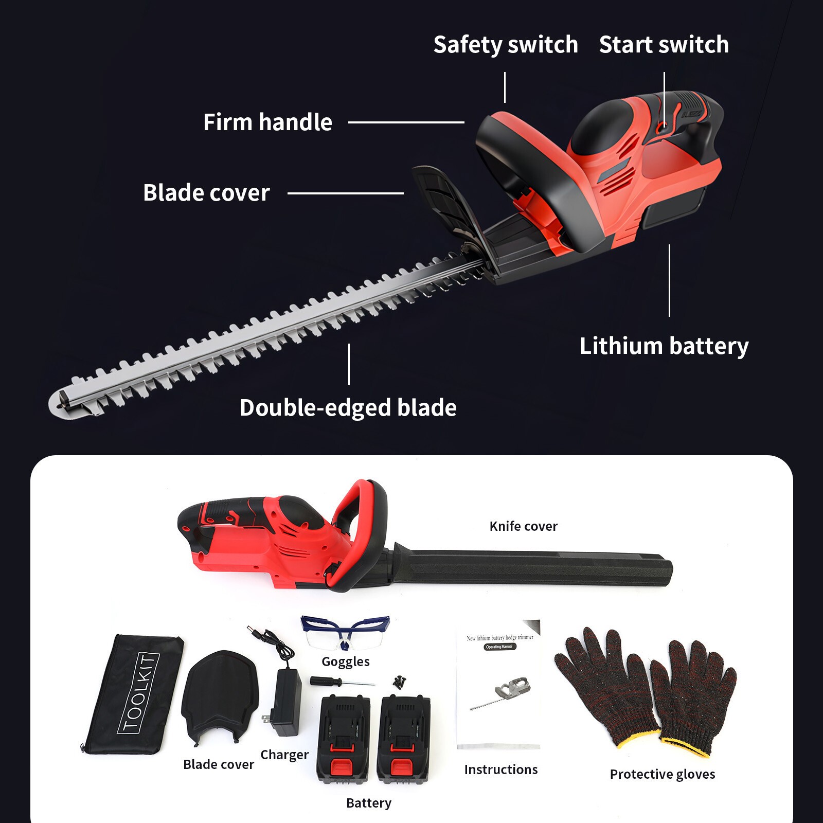 22'' Electric Hedge Trimmer Cordless Power Hedge Trimmer with 2Battery & Charger